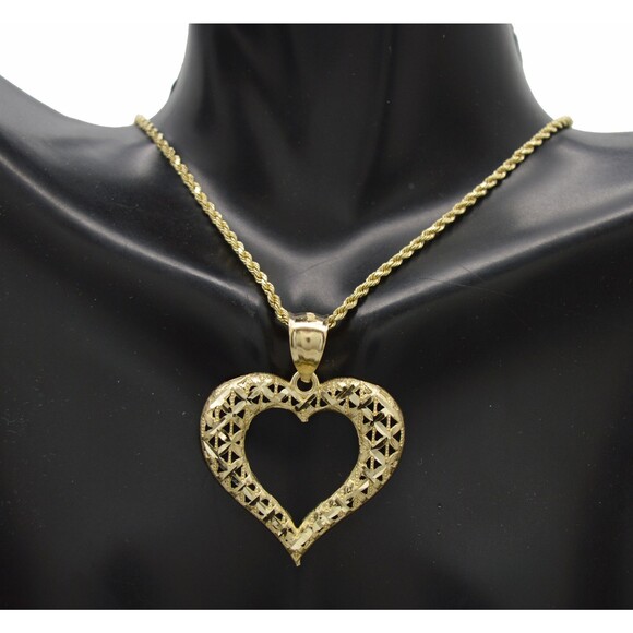 Real 10K Solid Yellow Gold Diamond Cut Heart Pendant+Rope Chain 16-24 - Picture 1 of 9